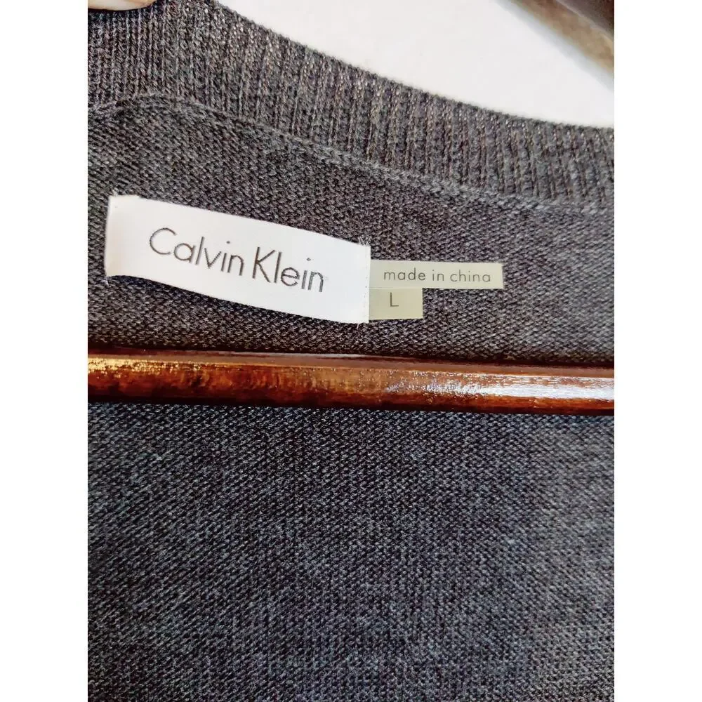 Calvin Klein Gray Charcoal Knit Sweater 3/4 Sleeve Tiered Fringed Hem Dress‎ L
